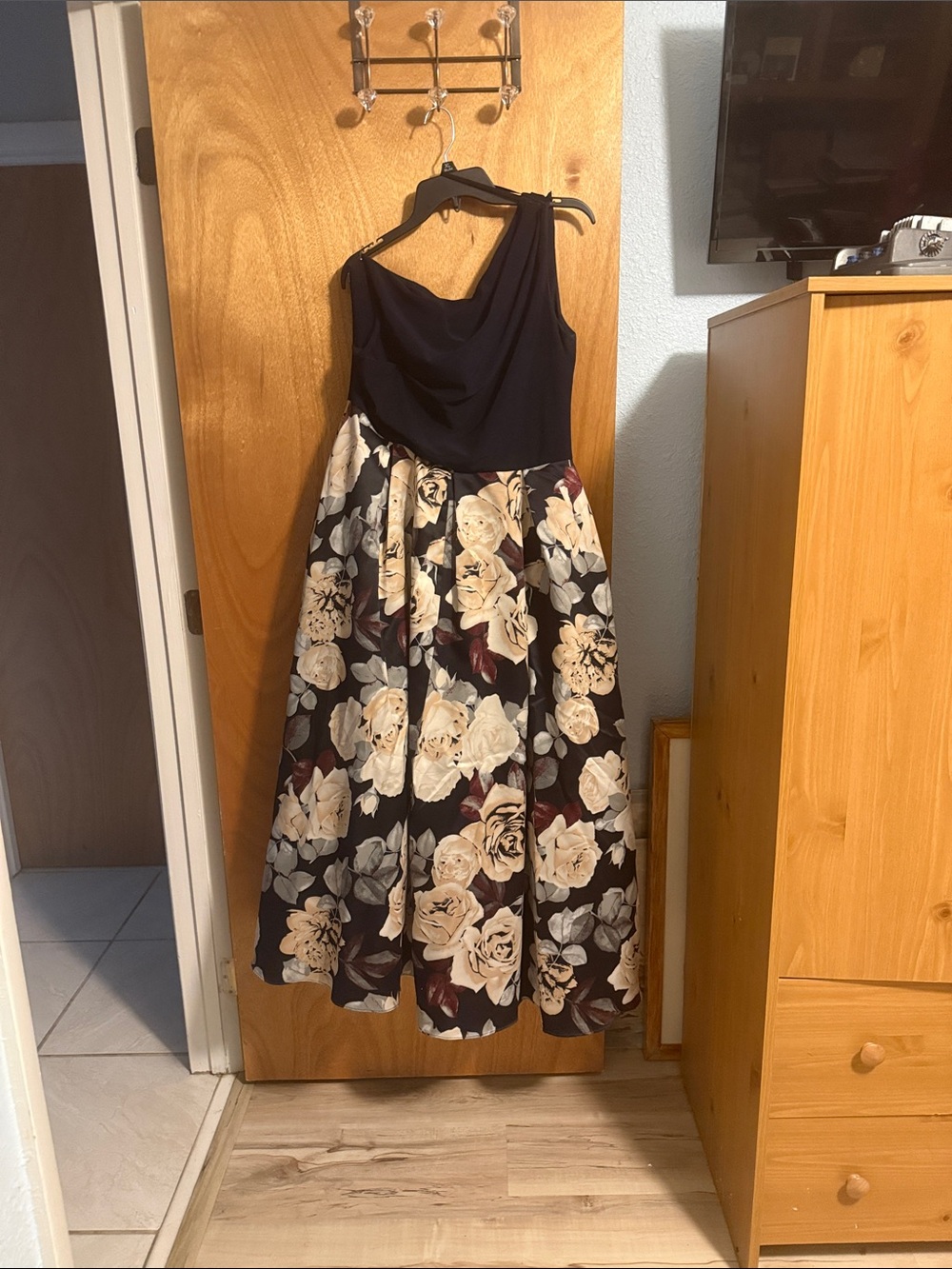 David's Bridal Navy Bodice with Cream Floral Midi Skirt Dress